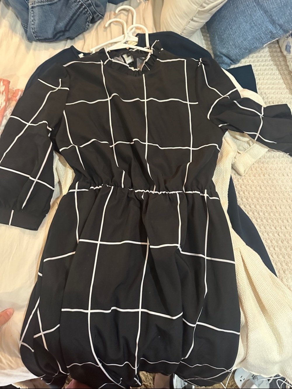 SHEIN Black Windowpane Elastic-Waist Long Sleeve Dress